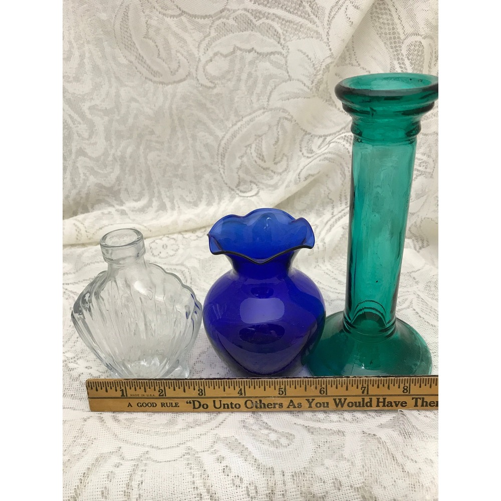 Vintage Curated Glass Vase Set: Cobalt, Teal, and Clear - Wedding Centerpiece #6 - Picture 9 of 9